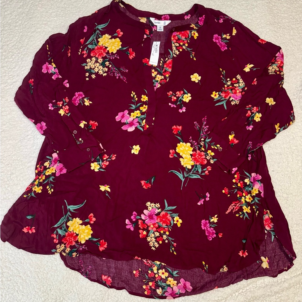 Old Navy Burgundy Long Sleeve Floral Tunic Blouse